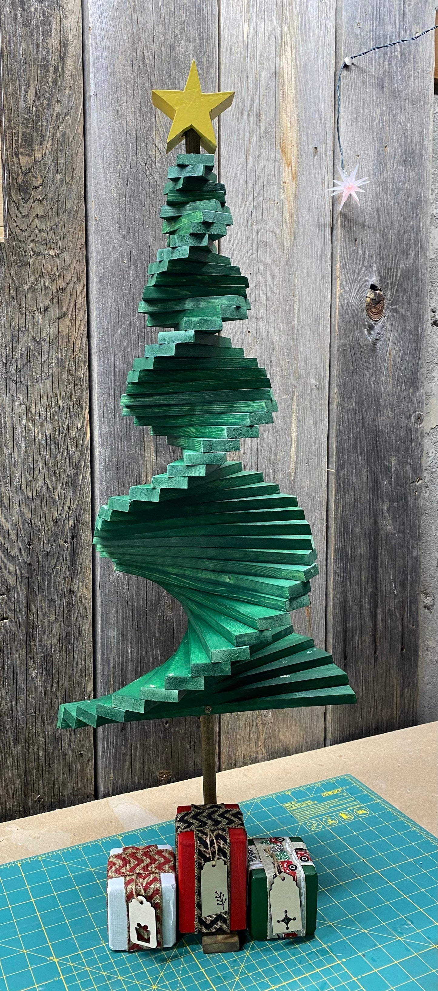 Wood Spiral Christmas Tree, green stained