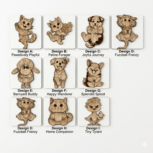 Illustrations of various cat-like creature designs with labels on a white background