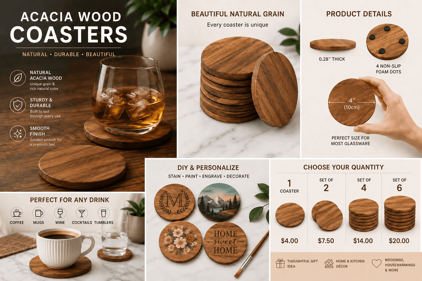 Acacia wood coaster product details and quantity pricing: one for $4, two for $7.50, four for $14, or six for $20