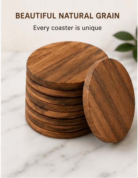 Stack of round acacia wood coasters showing natural grain variation