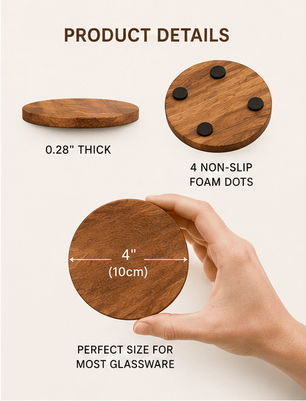 Acacia coaster product details showing four-inch diameter, thickness, and non-slip feet