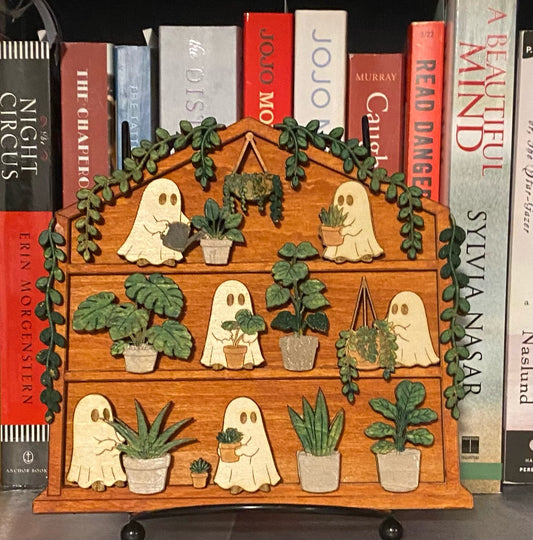 Handmade wooden Ghost and Plants Shelf Decor with friendly ghosts and potted plants