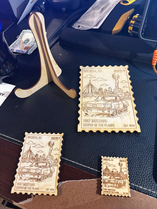Laser engraved maple Wichita 2026 collectible stamp in display plaque and magnet sizes with wood easel